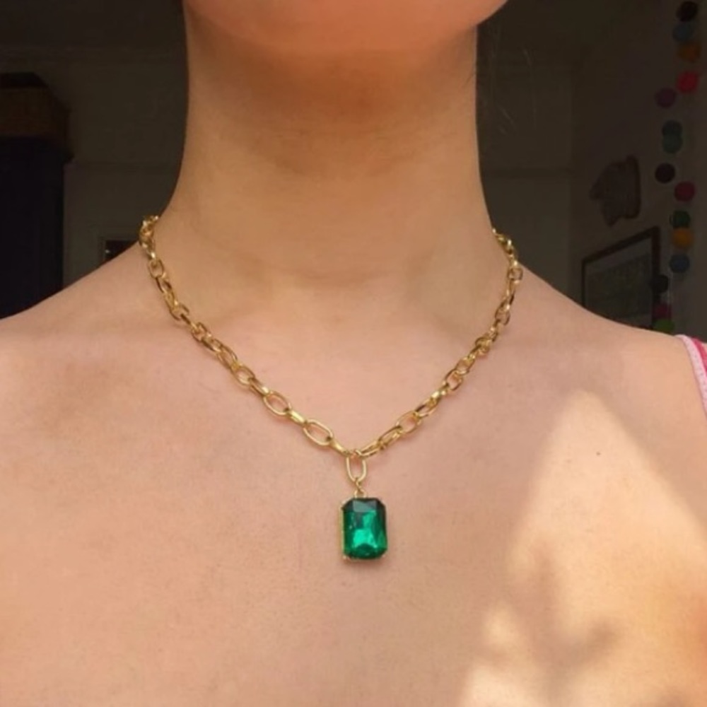 Stunning Geometric Emerald Green & Gold Chunky Bold Chain Necklace - Picture 7 of 10